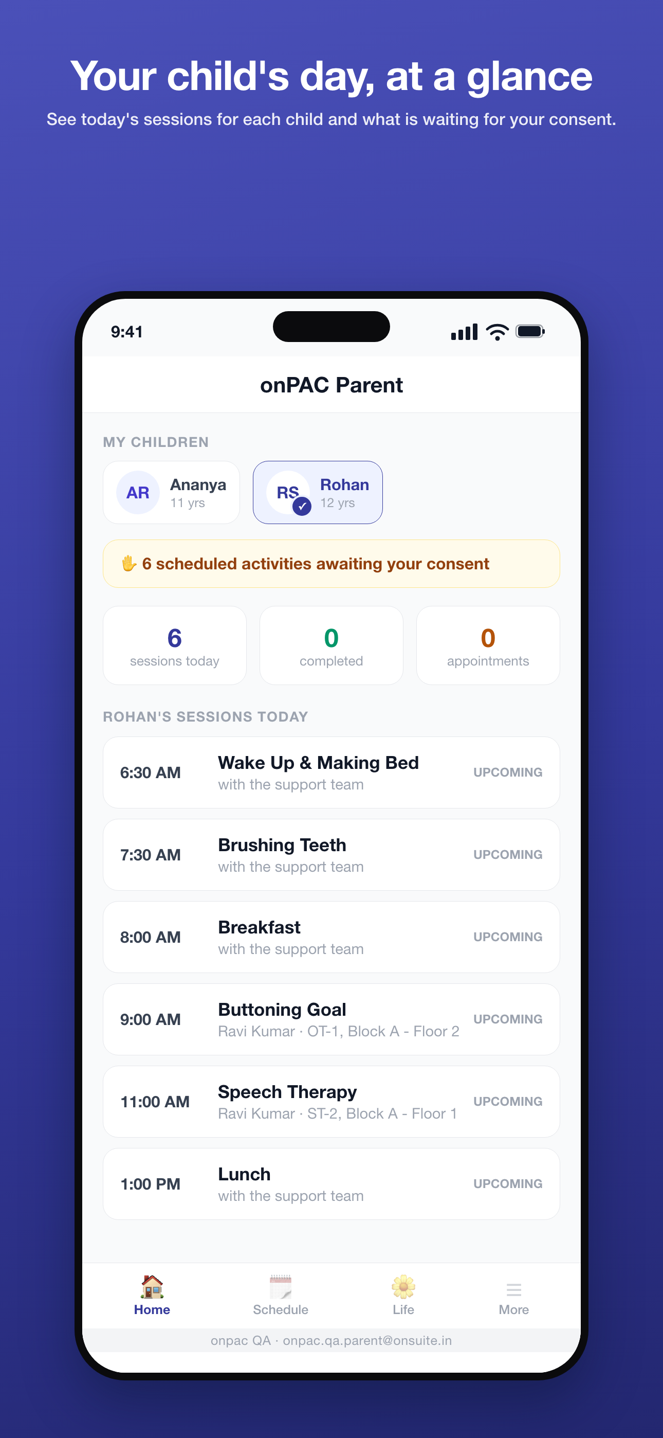 Parent app home: children, sessions today and consents awaiting
