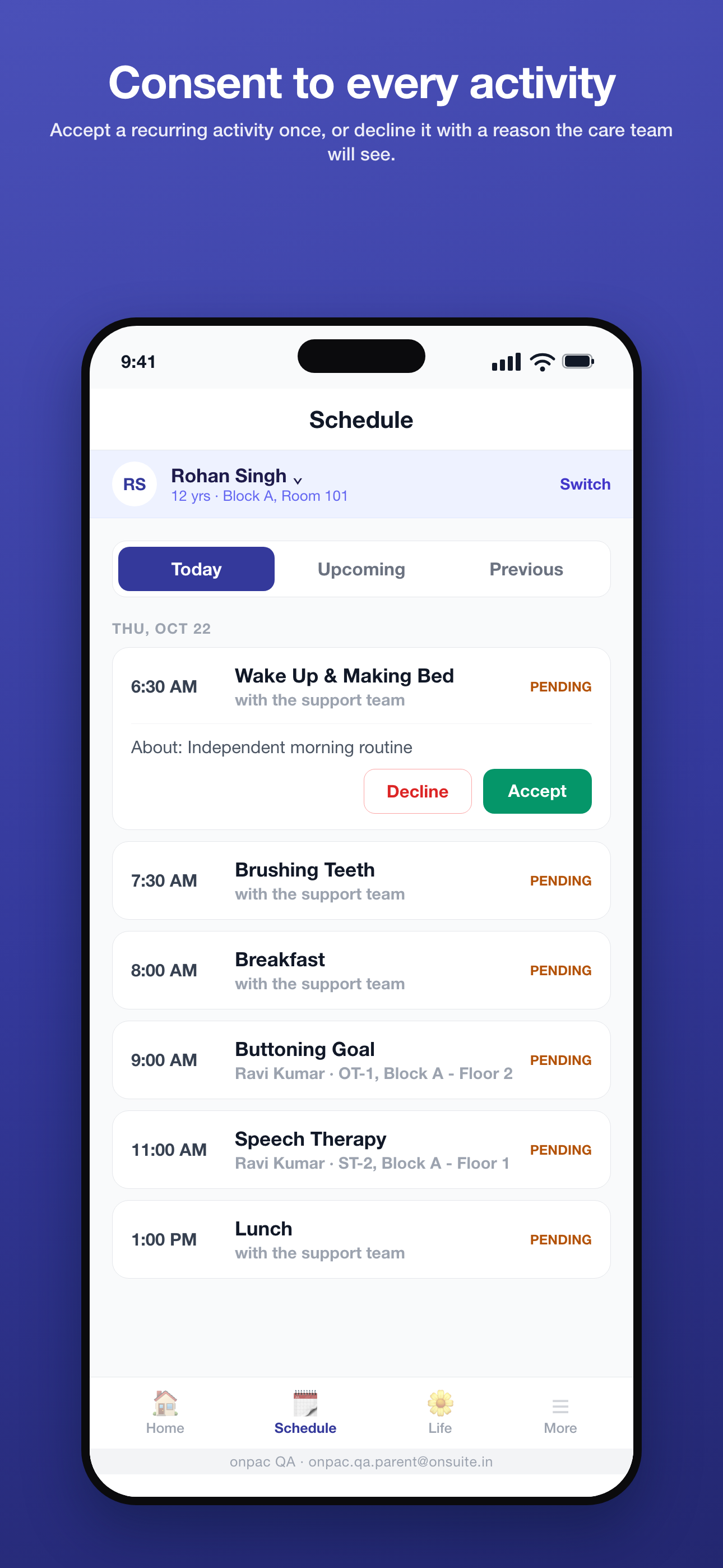 Parent app schedule: today's activities with Accept and Decline consent