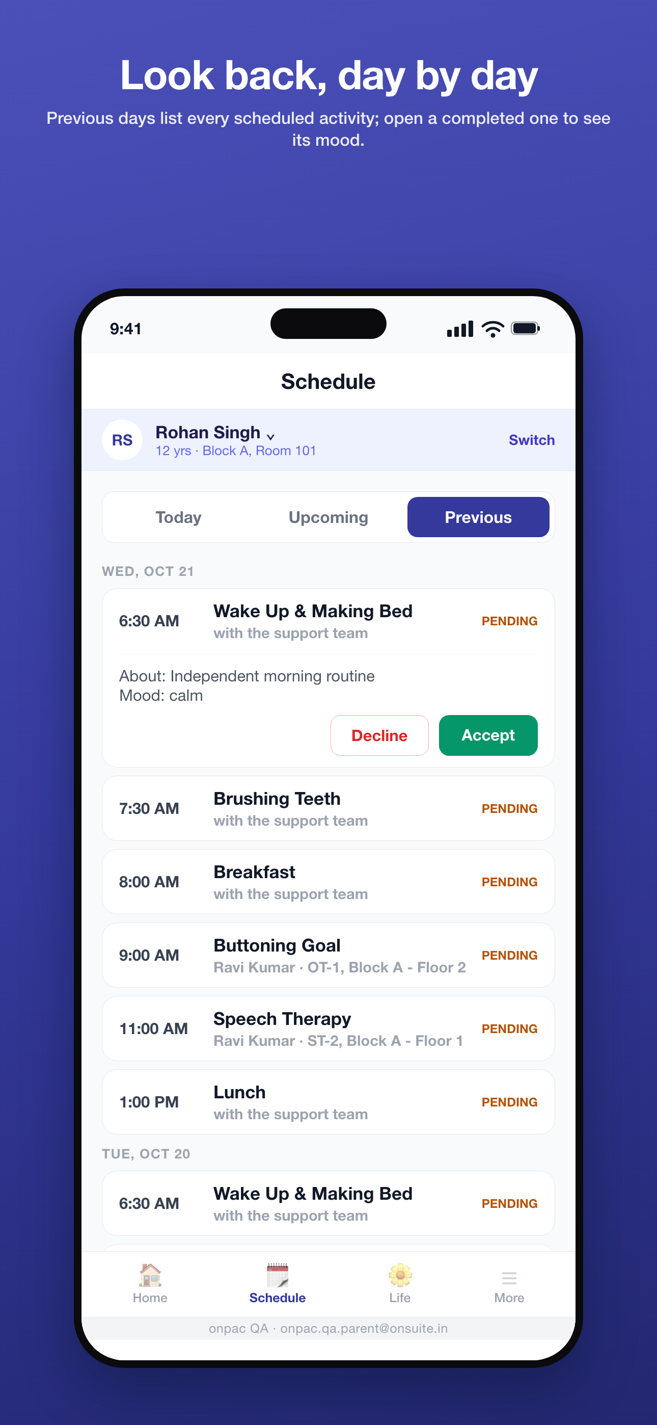 Parent app schedule: previous days with a completed activity expanded